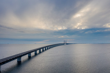 aerial view Oresund bridge seen, Oresundsbron, between Copenhagen Denmark and Malmo Sweden 