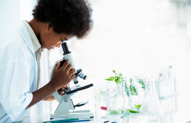 Afro american boy with curly hair as a researcher and biologist looking at a small green leaf through a microscope with plants in glassware or flasks measuring beaker for science experiment in lab.