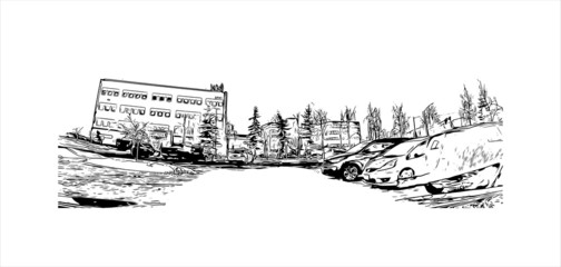 Building view with landmark of Anchorage, Alaska’s largest city, is in the south-central part of the state on the Cook Inlet. Hand drawn sketch illustration in vector.