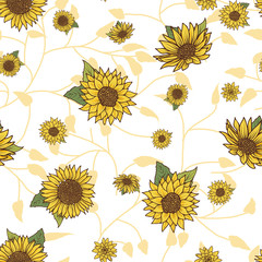 Wall Mural - seamless pattern with vintage hand drawn watercolor style sunflowers on yellow leaf background desig