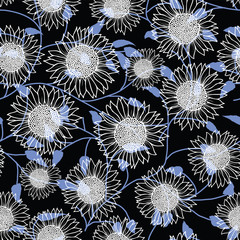 Wall Mural - abstract seamless pattern with vintage hand drawn outline sunflowers on blue leaf and black backgrou