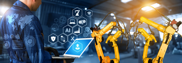 Poster - smart industry robot arms for digital factory production technology showing automation manufacturing
