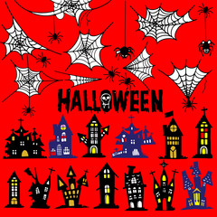 Castle and spider web  Halloween . House and spider web Illustra