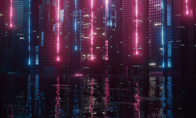 Wall Mural - 3D Rendering of abstract neon mega city with light reflection from puddles on street. Concept for night life, never sleep business district center (CBD)Cyber punk theme. 