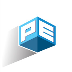 Poster - Letter PE logo in hexagon shape and blue background, cube logo with letter design for company identity.