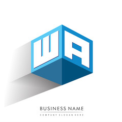 Letter WA logo in hexagon shape and blue background, cube logo with letter design for company identity.