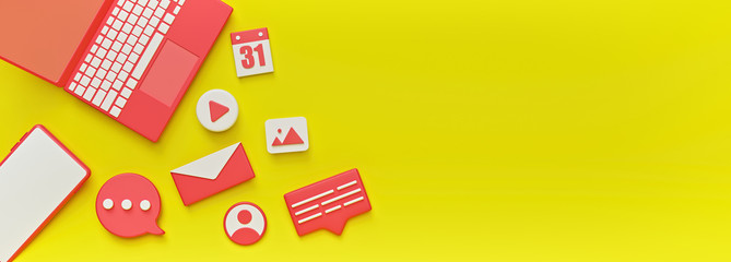 Fototapete - social media marketing, promotion and advertising minimal horizontal banner with copy space. 3d rendering