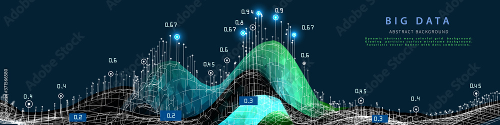 Abstract visualization polygonal wave grid algorithm analyze data. Quantum virtual cryptography concept. Blockchain. Analytics algorithms data.  Banner for bussines, science and techology. Big data. - obrazy, fototapety, plakaty 