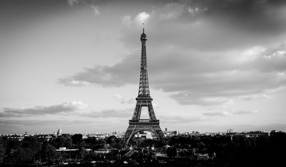 Black and white photo of the Eiffel Tower