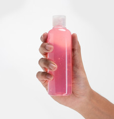 Sticker - fresh liquid food product on blank plastic container bottle mockup. juice in a bottle or beverage product