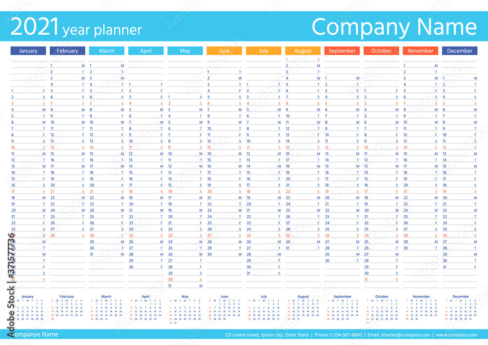 2021 year planner calendar. Vector. Wall calender template. Week starts Sunday. Annual organizer. Schedule page. Agenda diary with 12 months. Business illustration. A4 Paper Size. Simple design. - obrazy, fototapety, plakaty 