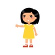 Little asain girl showing thumb down gesture flat vector illustration. Upset child standing alone cartoon character. Person negative emotion, disagreement expression isolated on white background