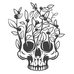 Vintage monochrome human skull with floral elements isolated on white background. Abstract hand drawn design element template for emblem, print, cover, poster. Vector illustration.