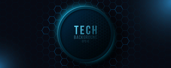 Poster - Futuristic banner with glowing honeycombs neon pattern. Design modern technology. Vector illustration.