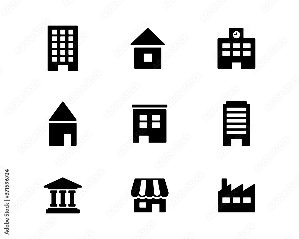 建物のアイコンのセット／ビル／家／学校／銀行／ビジネス／工場／イラスト