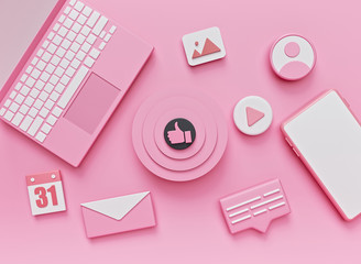 Poster - laptop, smartphone and social media icons. modern pastel minimal technology background. 3d rendering