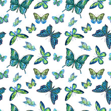 Seamless Pattern Of Green Butterflies On A White Background, Watercolor Illustration, Print For Fabric And Other Designs.