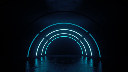 Poster - 3d render of futuristic neon glow scene on reflective floor and ceil with texture.  Abstract lamp.
