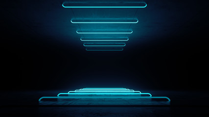 Poster - 3d render of futuristic neon glow scene on reflective floor and ceil with texture.  Abstract lamp.