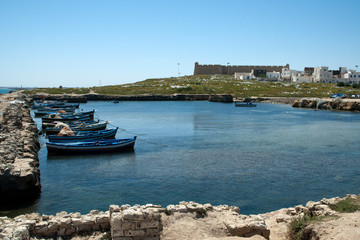 Mahdia Tunisia, view across the ancient phoenician fishing port to town and fort