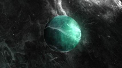 Wall Mural - Fantastic turquoise planet shrouded in haze and cosmic particles against the backdrop of endless space.