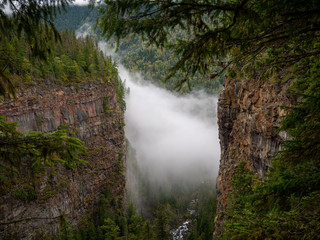  Mystic foggy valley of the clearwater river in the Wells Gray Provincial Park in British Columbia, Canada