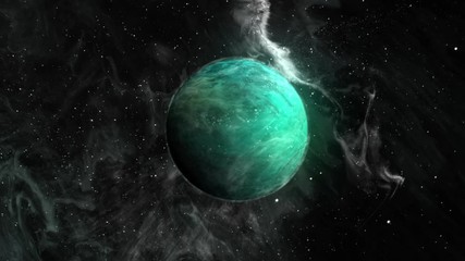 Wall Mural - Fantastic turquoise planet shrouded in haze and cosmic particles against the backdrop of endless space.