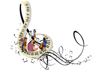 Sticker -  Abstract treble clef decorated with musicians and piano wave, decorated with musical notes. Hand drawn vector illustration.