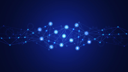 Poster - Information technology background with infographic elements and flat icons. Digital technology, network connection and communication concept. Vector illustration.
