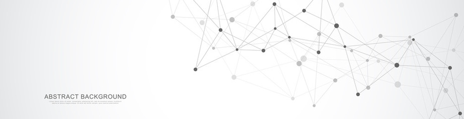 Website header or banner design with abstract geometric background and connecting dots and lines. Global network connection. Digital technology with plexus background and space for your text.