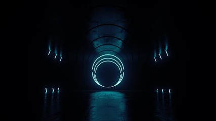 Poster - 3d render of futuristic neon glow scene on reflective floor and ceil with texture. abstract blue lam