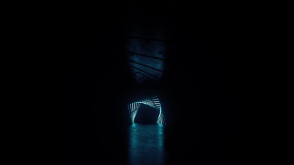 Poster - 3d render of futuristic neon glow scene on reflective floor and ceil with texture. abstract blue lam