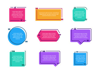 Text quote frame vector template. Info speech bubble shapes set for quotation box background. Colored note textbox design for chat or feedback description. Empty geometric message frames for chat SET1