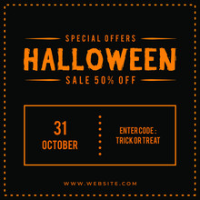 Special Offer Halloween Sale 50% Off Modern Sale Banner, Sign, Design Concept, Social Media Post With Orange Text On A Black Background. 