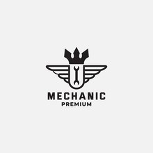 Mechanic King  With Wing Crown Logo Design Vector