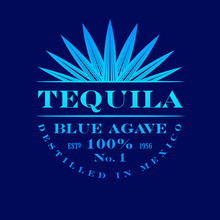 Tequila Label. Blue Agave Tequila Logo Or Emblem. Blue Classic Letters And Agave Plant On Dark-blue Background.