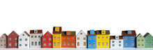 Row Of Wooden Miniature Colorful Retro Houses On White Background