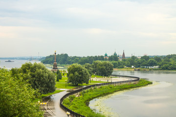 Strelka - the confluence of two rivers in Yaroslavl Russia on a cloudy summer day and a space for copying