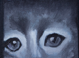 Oil painting gray cat. Sad cat. Background.