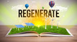 Open book with REGENERATE inscription, renewable energy concept
