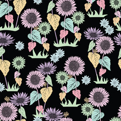 Wall Mural - abstract seamless pattern with vintage hand drawn pastel sunflowers on black background design