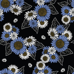 Wall Mural - seamless pattern with vintage hand drawn wildflowers and sunflower on black background design