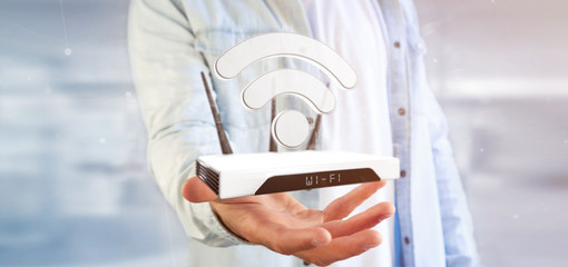 Poster - businessman holding a wifi router and data - 3d rendering