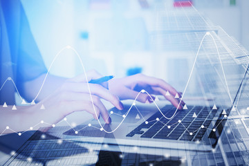 Poster - Woman hand typing, financial graph