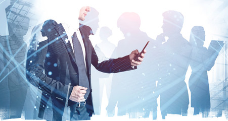 Poster - Man with phone and team, network interface
