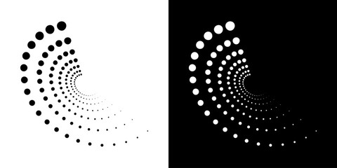 Wall Mural - white halftone circular dotted insignia. circle dots emblem isolated on black background. logo desig
