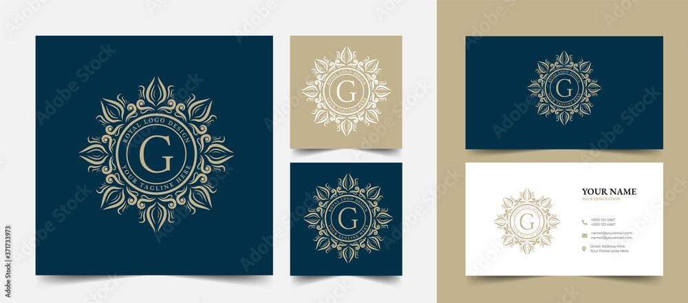 G initial letter Vintage Royal luxury logo design with visiting card ...