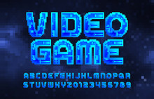 Video Game Alphabet Font. Pixel Letters And Numbers. Digital Background. 80s Arcade Video Game Typescript.