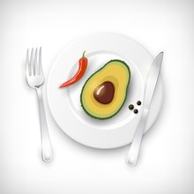 Realistic Half Of Avocado, Red Chili Pepper, Peppercorns, Fork And Knife On White Plate. Lunch, Dinner, Breakfast, Snack. Healthy Food Concept.