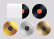 Vinyl records set. Black, gold, silver, bronze record for award or certification. Isolated vector on white background.